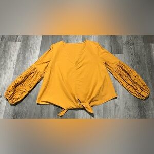 Mustard Puff Long Sleeve Unbranded Top - V Neck, Front Tie - Size Women’s M